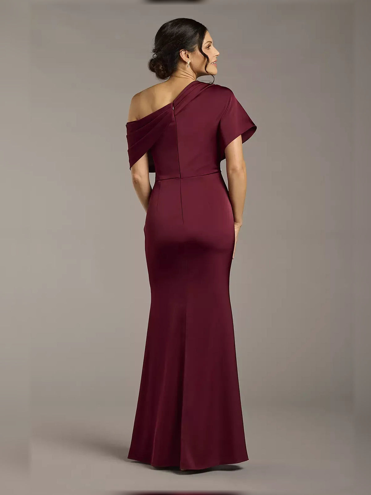 Burgundy one-shoulder satin sheath dress with draped ruffle detail, floor-length