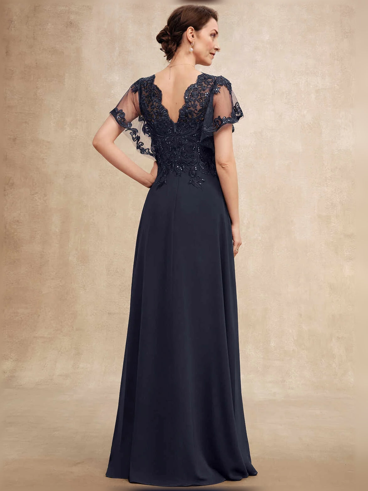 Navy V-neck A-line chiffon dress with beaded lace bodice and sheer cap sleeves