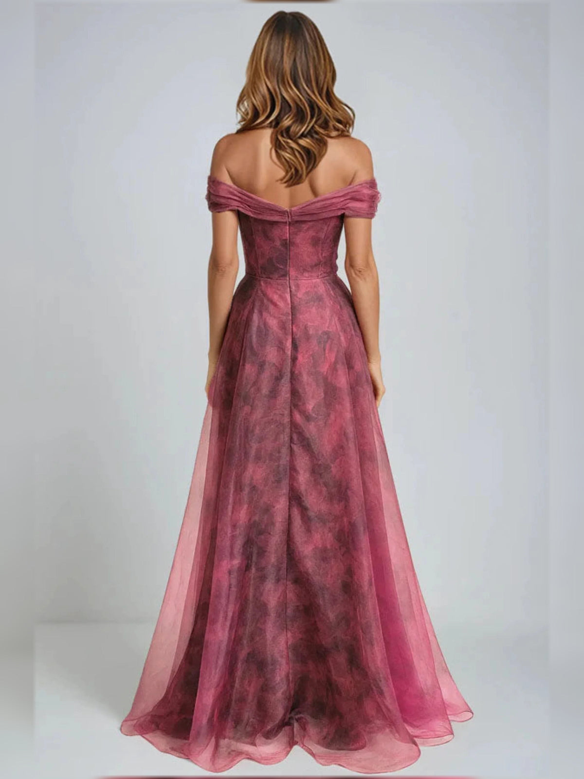 Off-shoulder midi formal dress, burgundy floral print, corset bodice, A-line skirt (back)