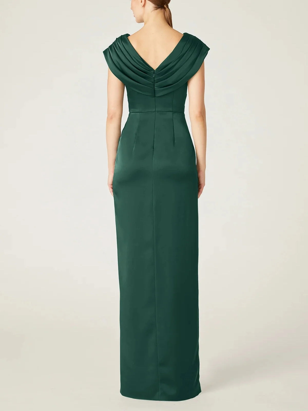 Green satin V-neck sheath dress with back drape, ruched waist, floor length