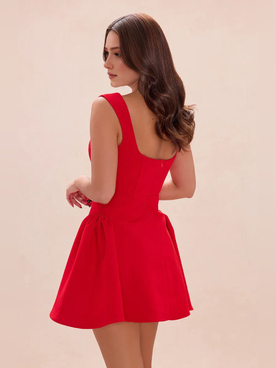 Red pleated square-neck A-line mini dress with sleeveless back detail and flared skirt