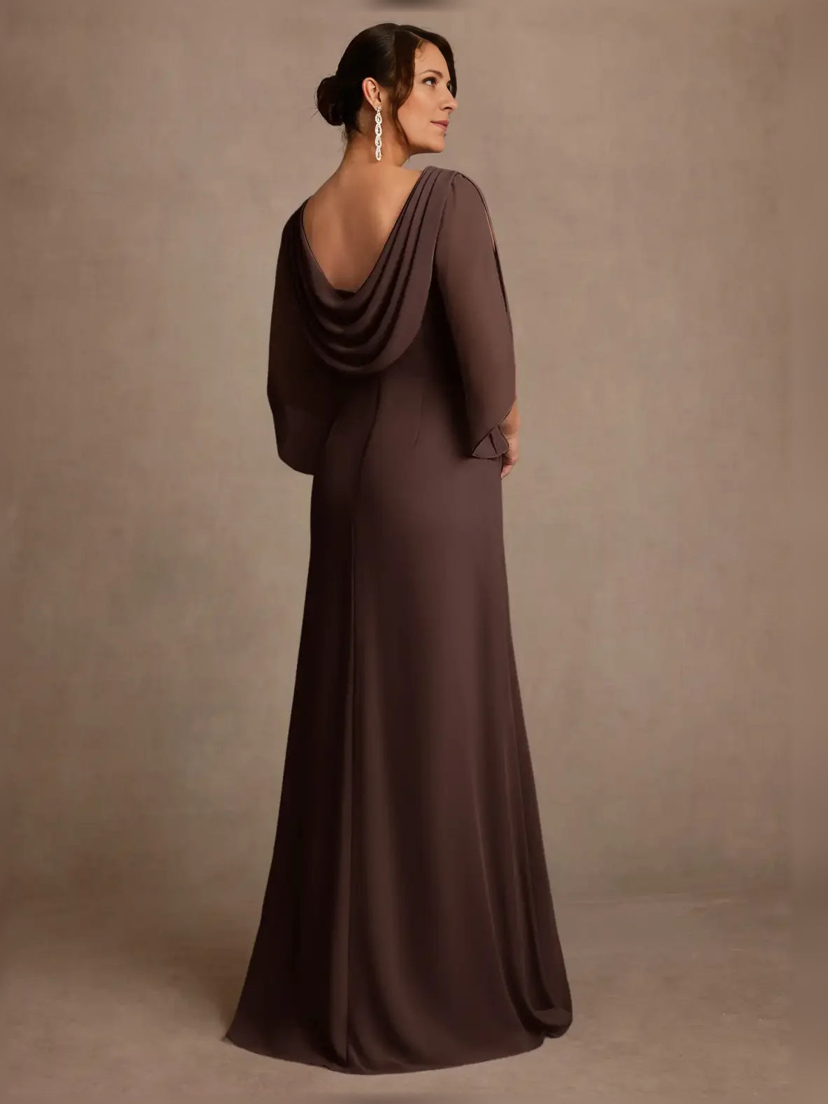 Chocolate draped boat-neck A-line gown, cowl-draped open back, floor-length