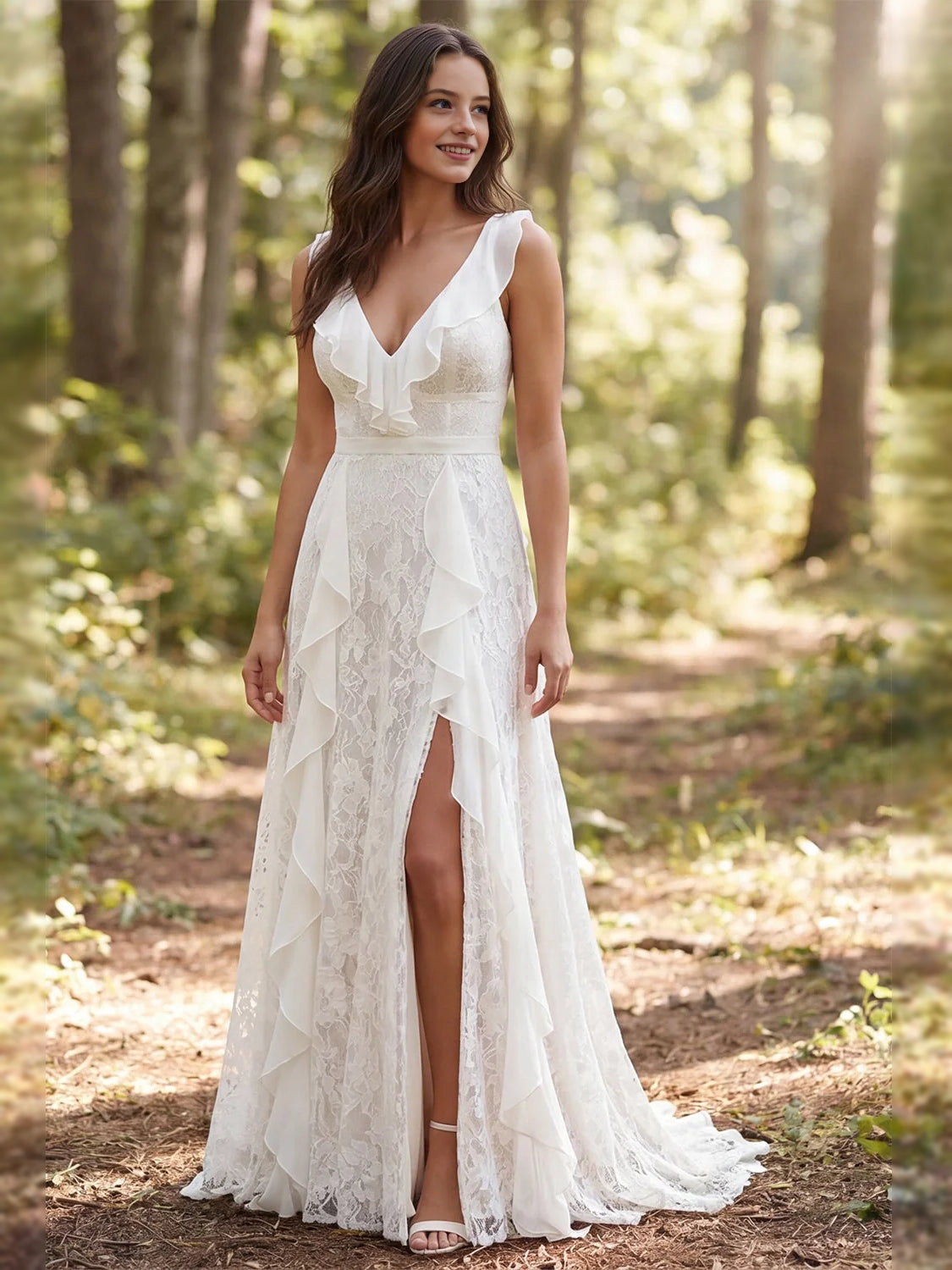 Ivory sleeveless V-neck wedding dress with layered ruffle skirt, leg slit, A-line length