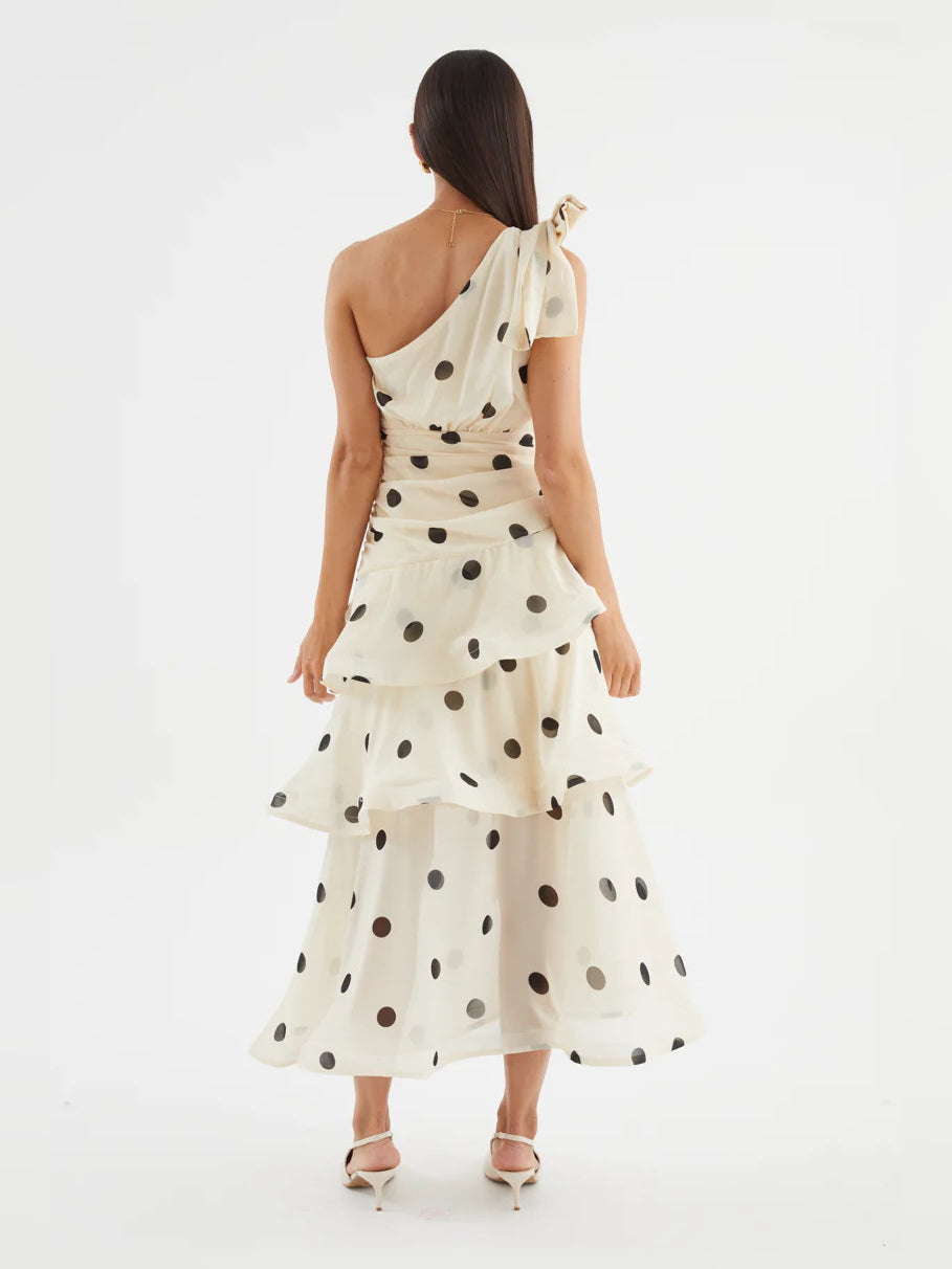 Ivory Black Polka Dot a-line maxi formal dress with printed pattern, full-length back view