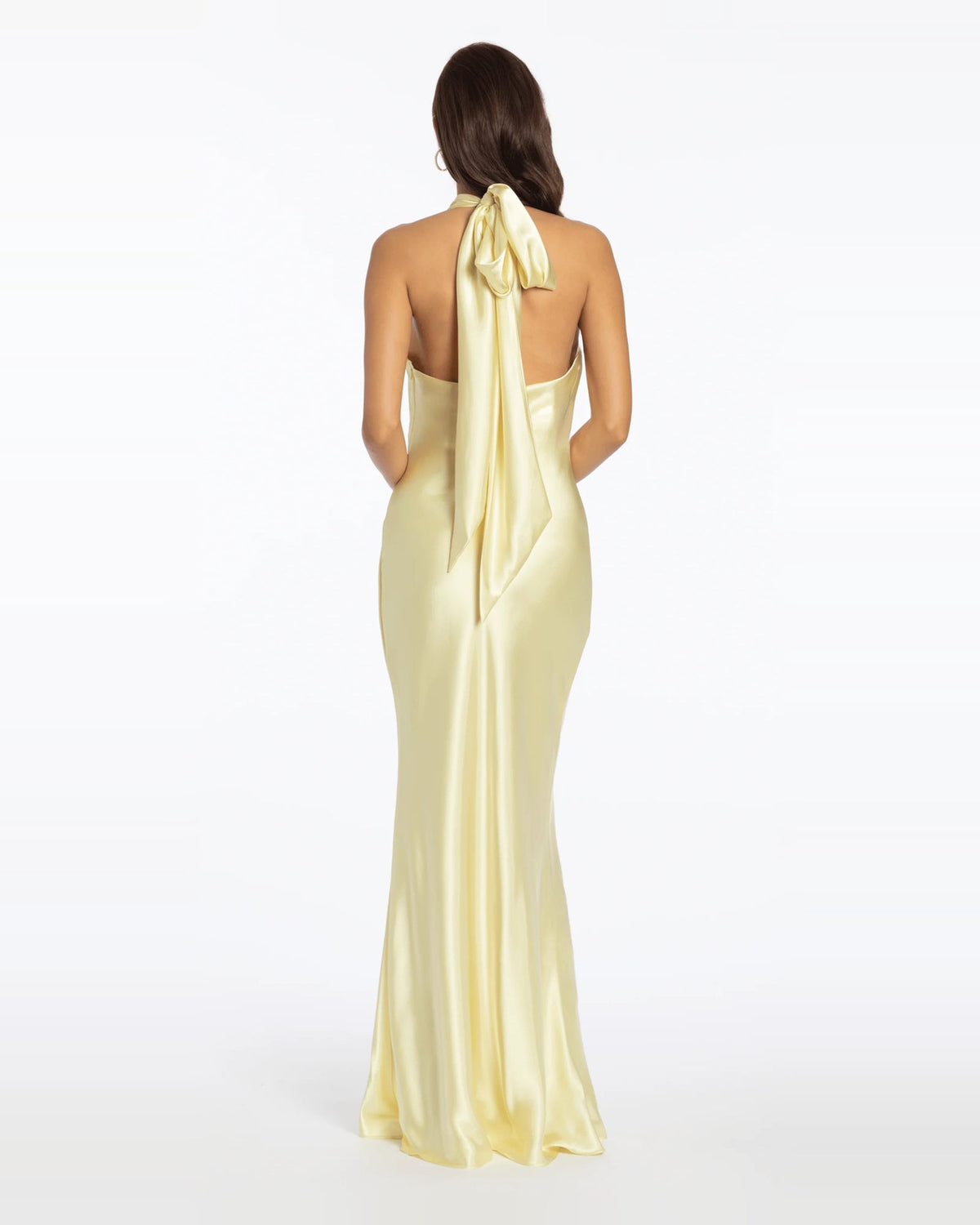 Halter neck column maxi prom dress in yellow, open back with tied halter detail.