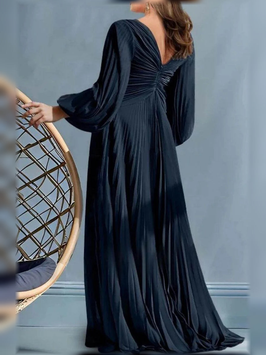 Dark navy V-back ruched pleated A-line maxi dress with long flared sleeves