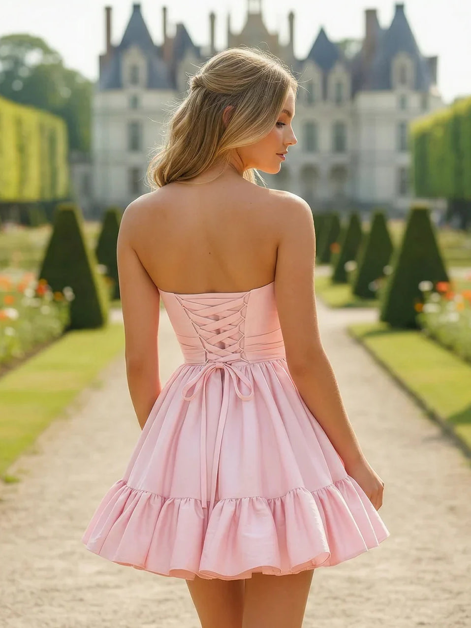 Pink strapless satin mini dress, open-back with bow waist and tiered ruffle hem