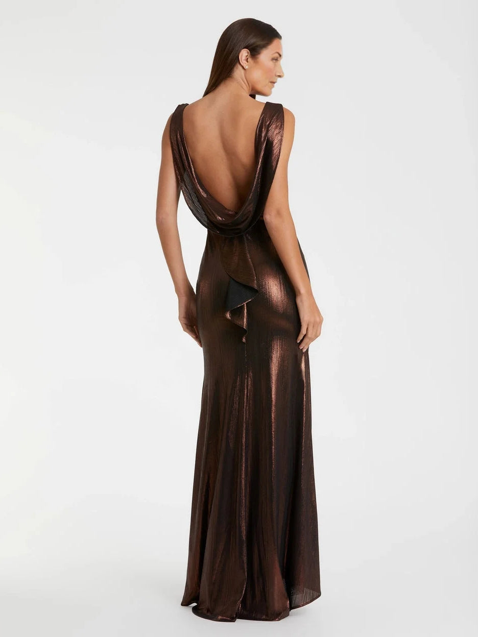 Back view: floor-length draped sheath dress with cowl back and ruffle detail