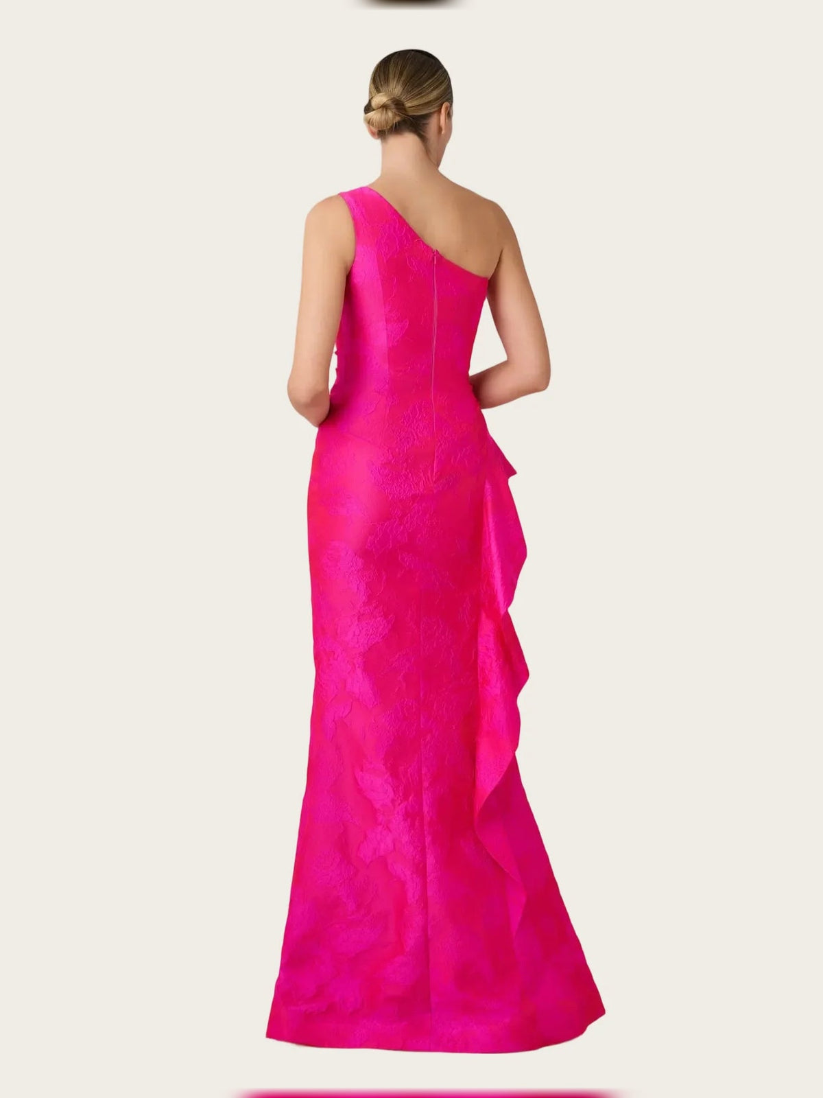 Back view of magenta one-shoulder mermaid maxi satin dress with ruffled side slit