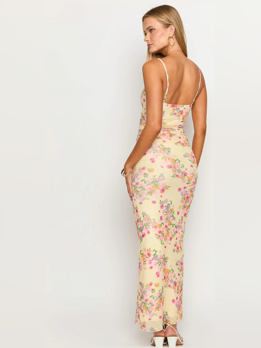 Yellow sheath maxi formal dress with floral print, full-length back view
