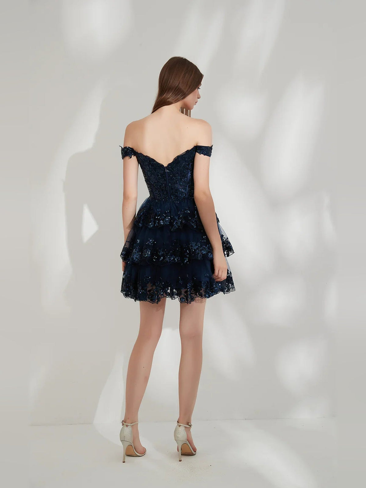 Navy blue off-shoulder corset mini homecoming dress, open back with layered tulle skirt