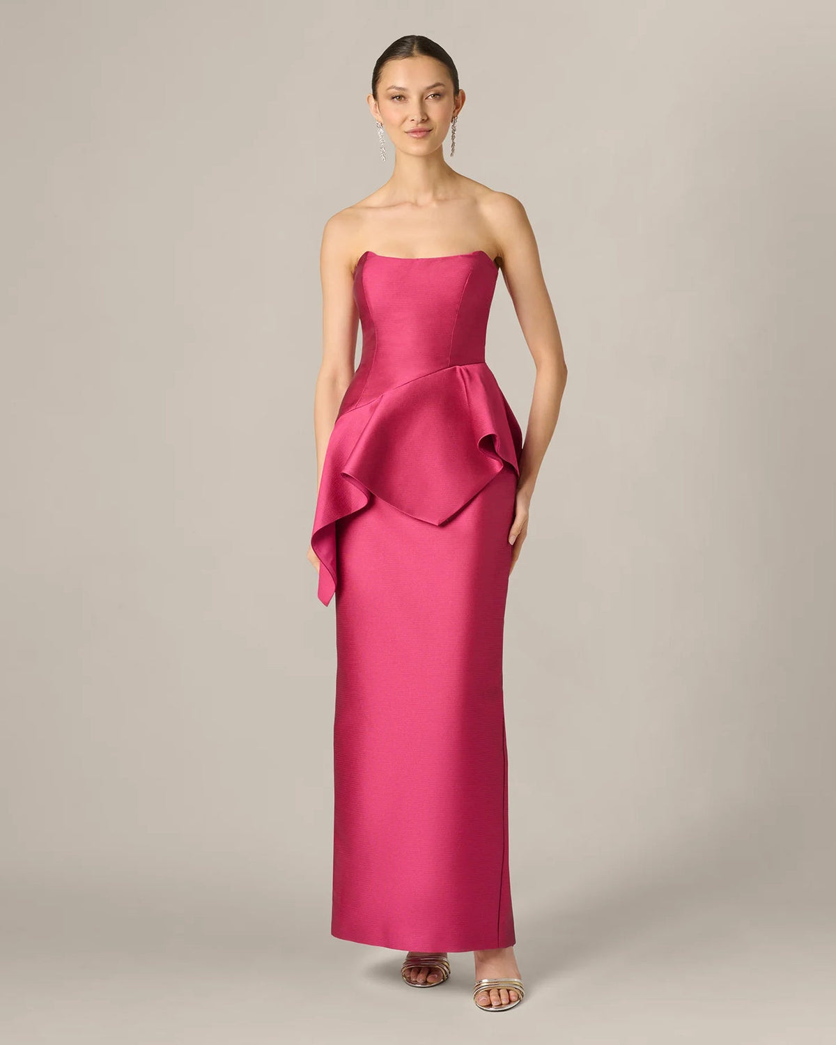 Bright rose strapless fitted maxi dress with layered front ruffle peplum