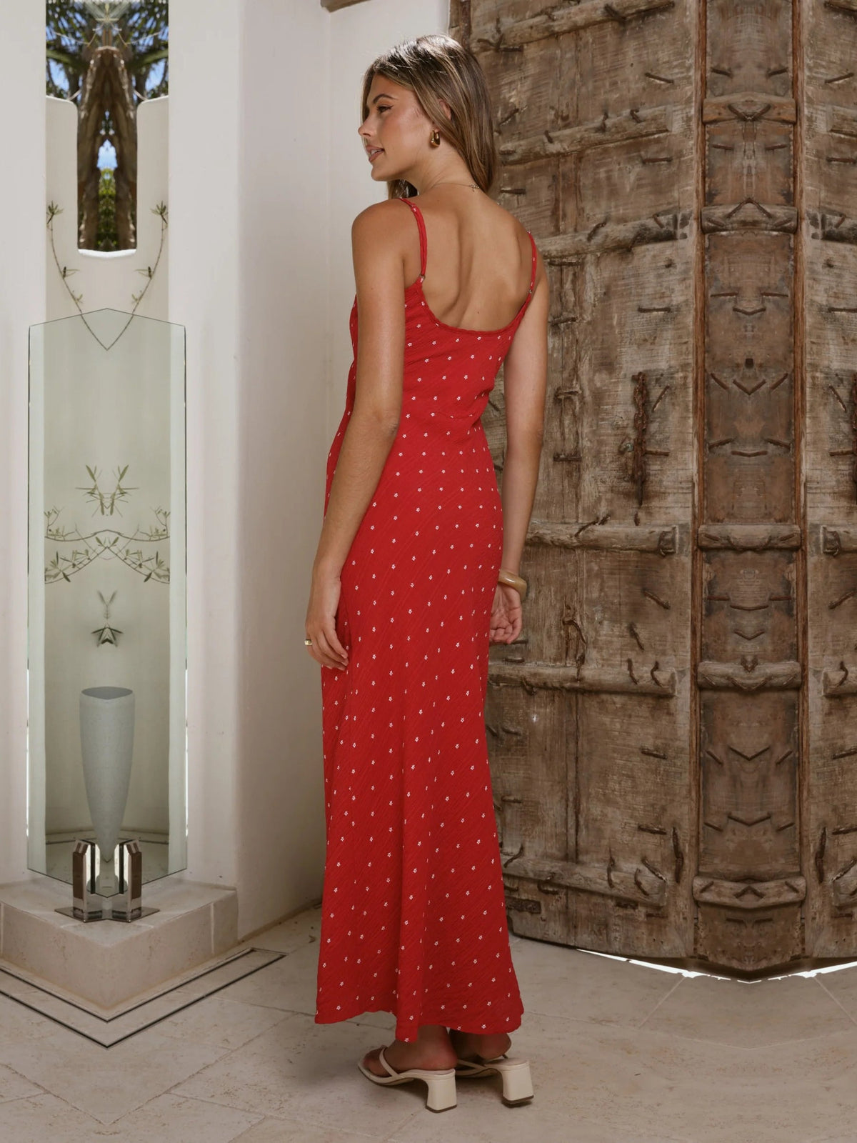 Red Floral sheath maxi formal dress with floral print, full-length back view