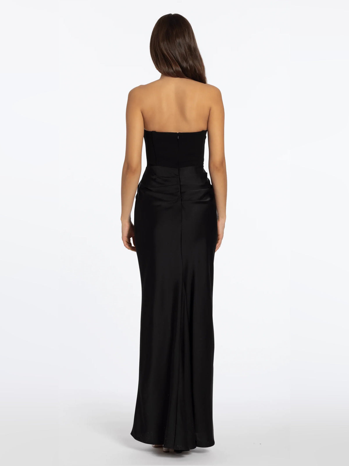 Black strapless satin corset dress back view, floor-length column silhouette
