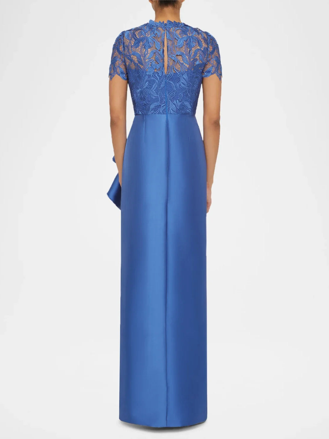 Blue long sheath dress with floral lace back yoke and draped waist ruffles.