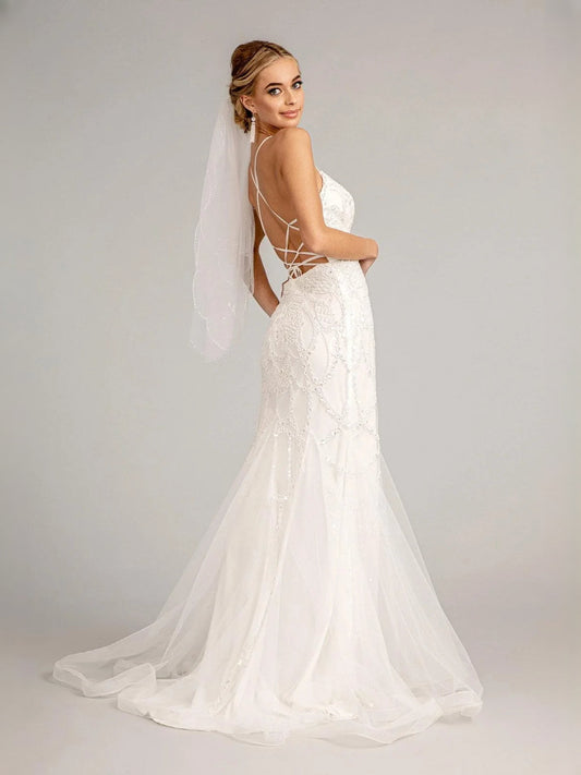Ivory mermaid wedding dress with illusion back and crisscross spaghetti straps
