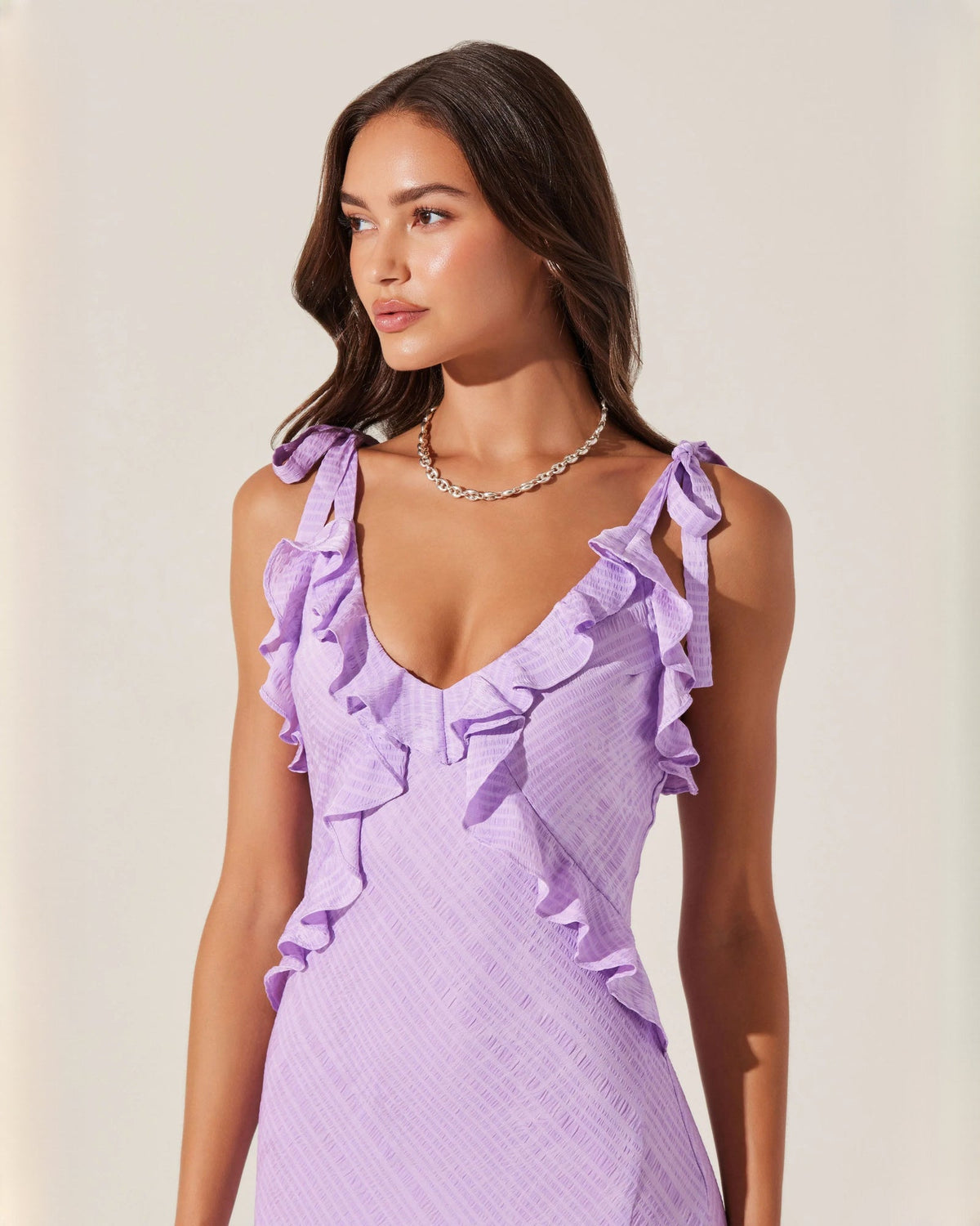 Lilac satin V-neck sleeveless maxi dress with layered ruffle bodice