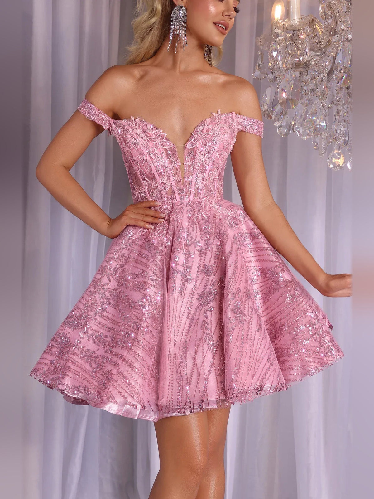 Pink glitter off-shoulder corset mini dress with sweetheart bodice and flared skirt