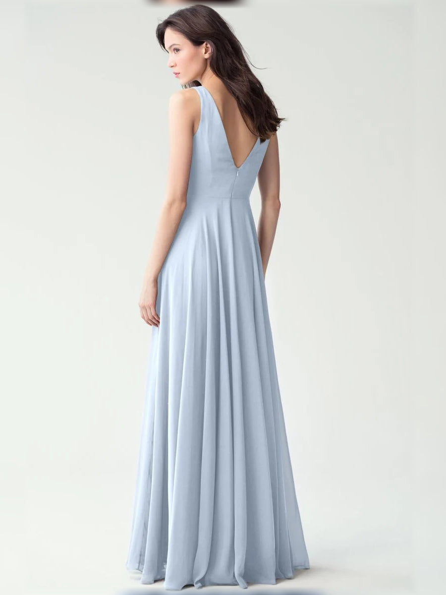 Light blue cowl-neck A-line chiffon floor-length dress, open back