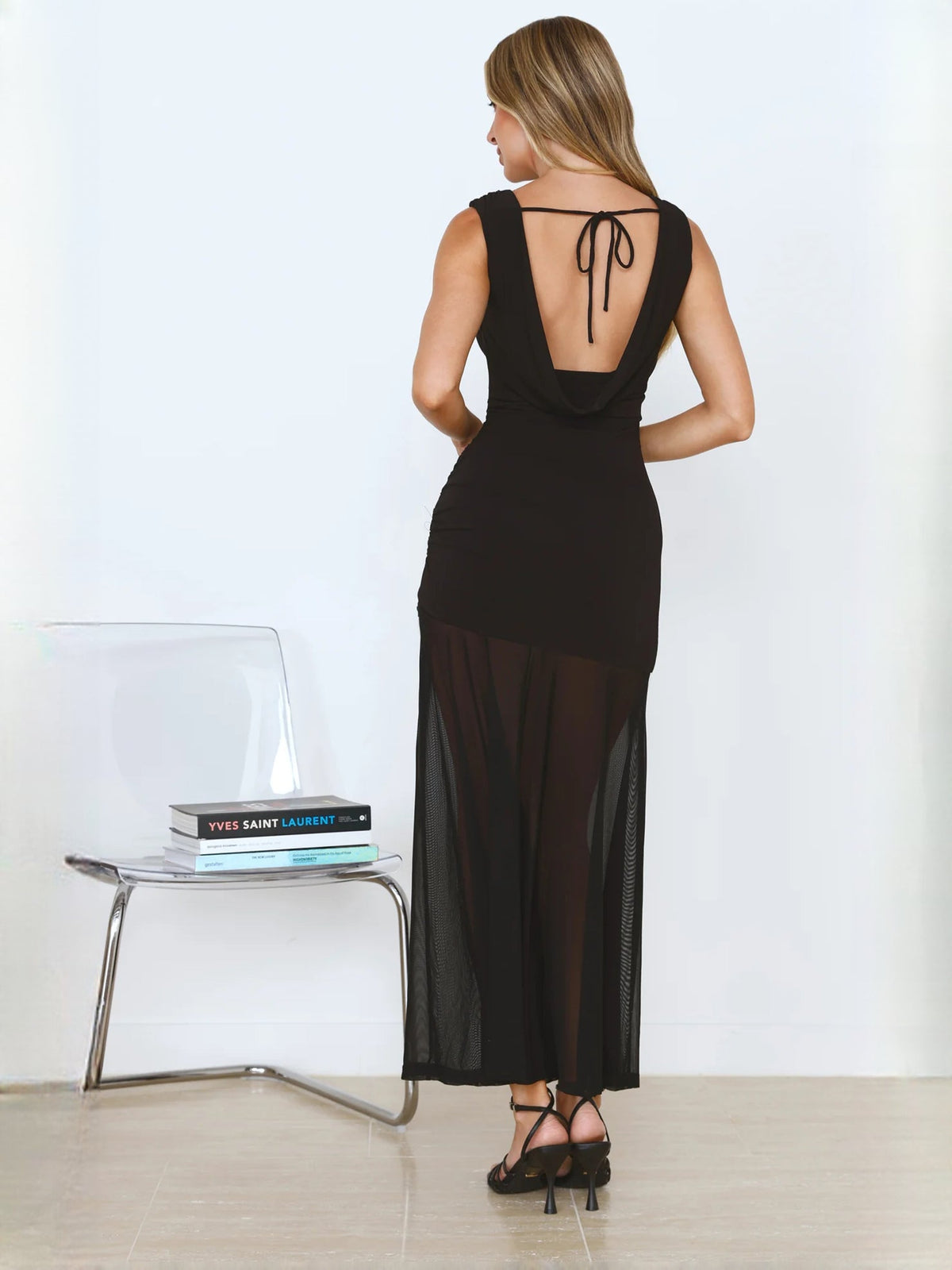 Black sheath maxi formal dress with sheath, full-length back view
