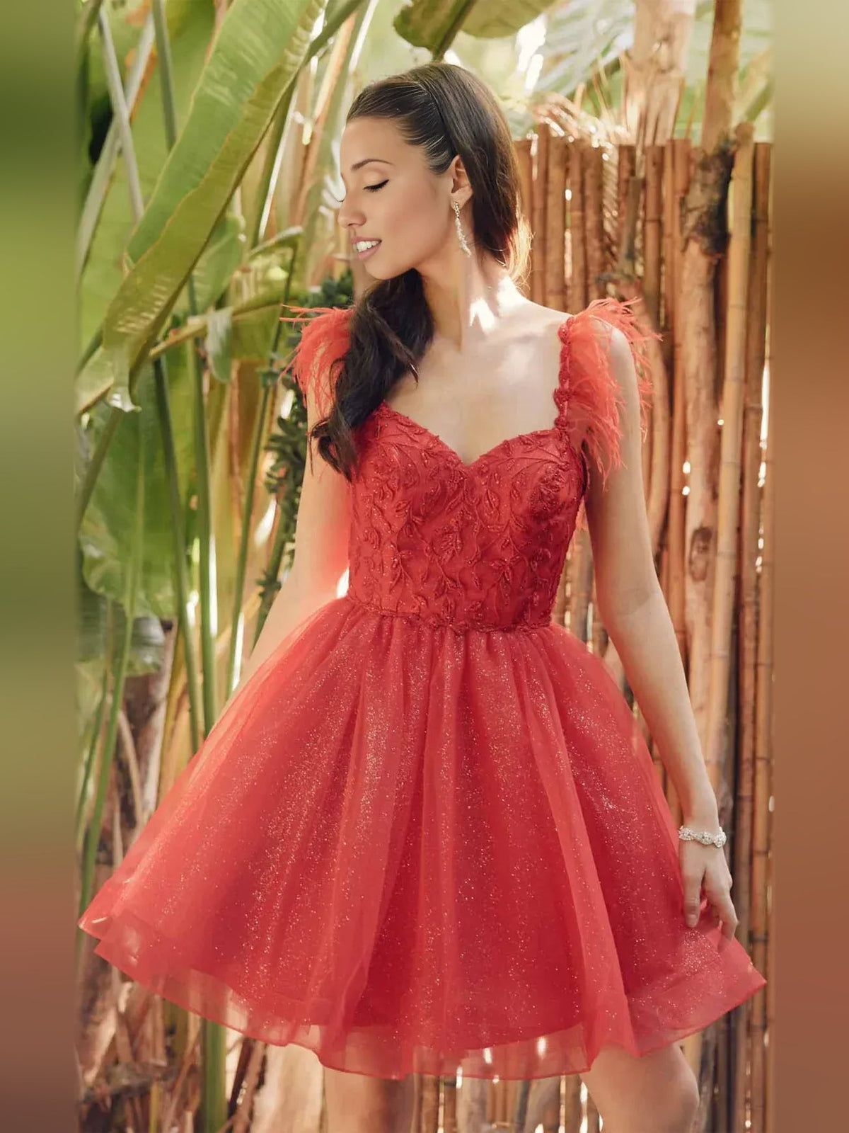 Red sweetheart A-line mini tulle dress with lace bodice and short layered tulle skirt