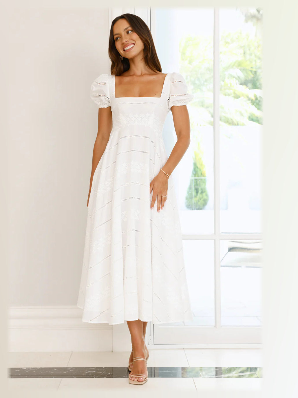 White formal dress with a-line silhouette
