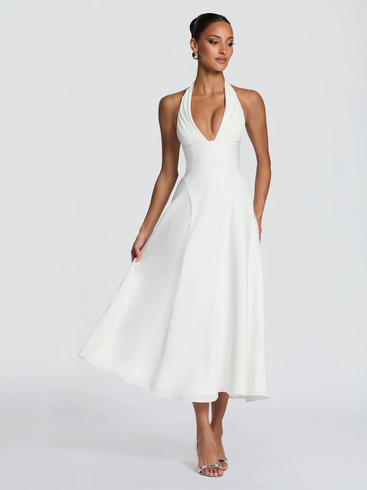 Ivory halter V-neck midi formal dress, sleeveless with draped pleats and skirt