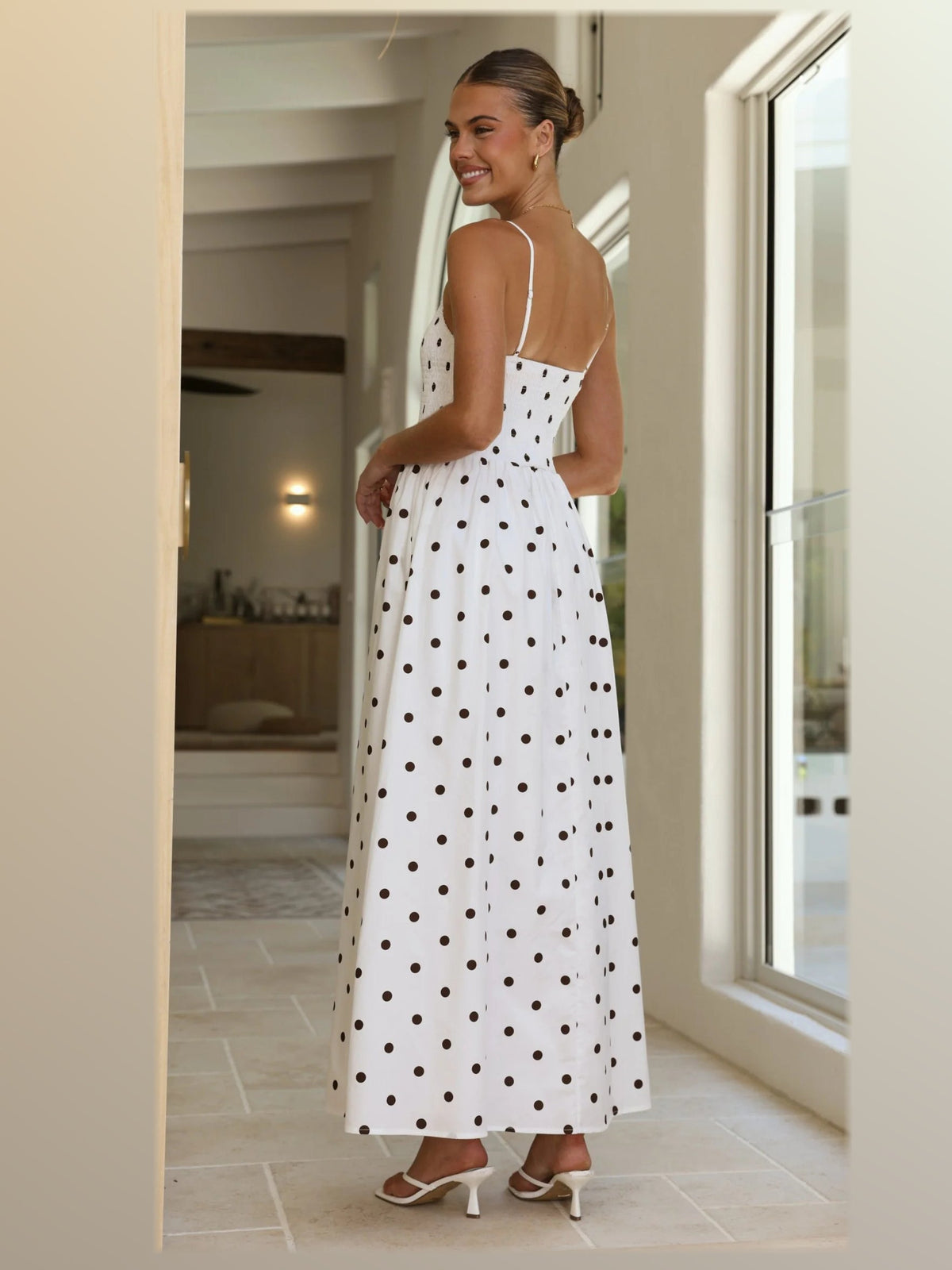 White maxi formal dress, back full-length view showing the bodice
