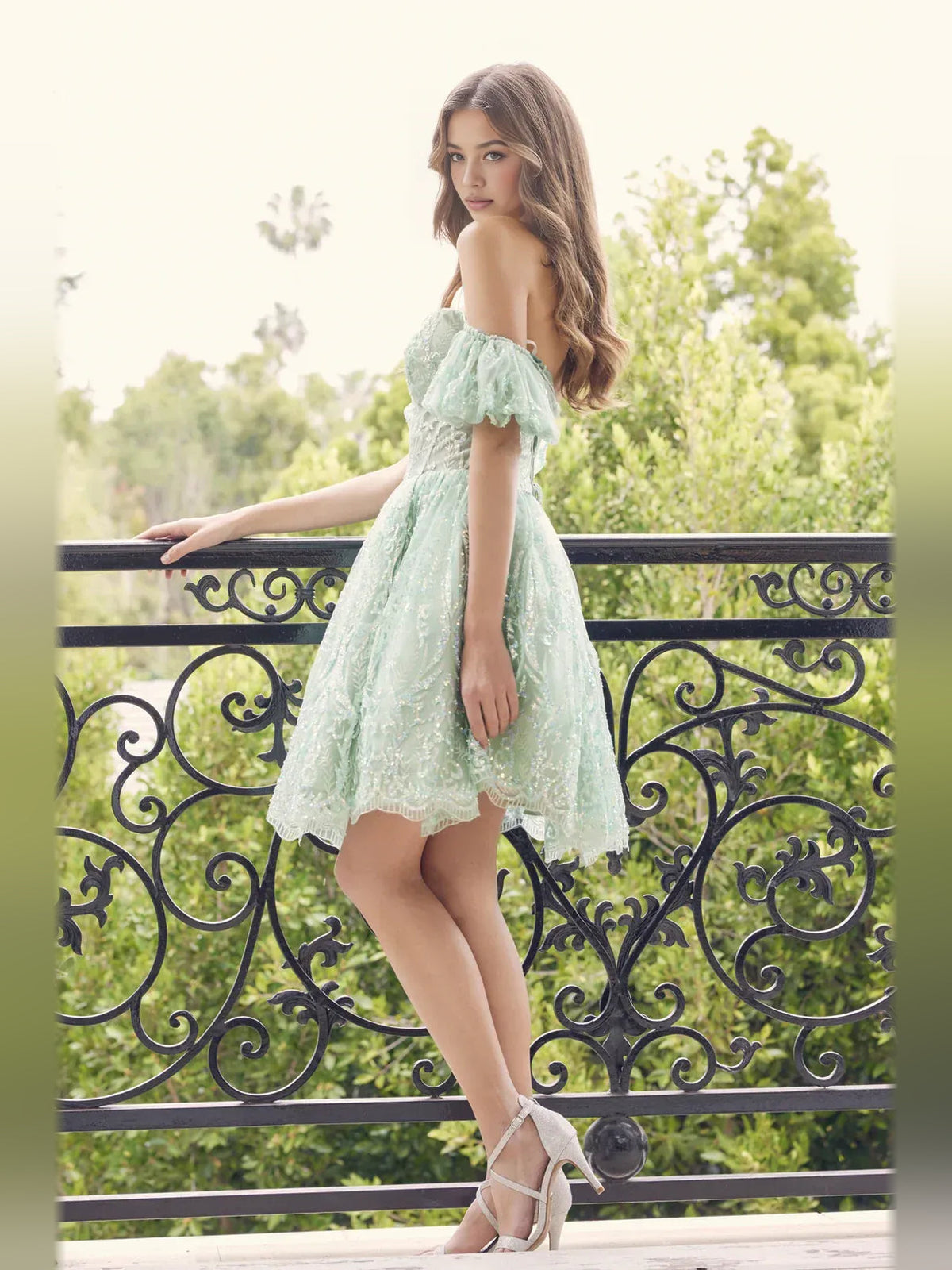 Mint green sweetheart corset A-line short tulle dress, side view, off-shoulder lace sleeves