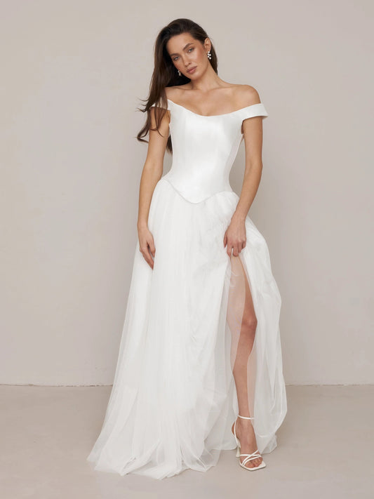 Ivory off-shoulder satin corset A-line wedding dress with side slit and layered skirt