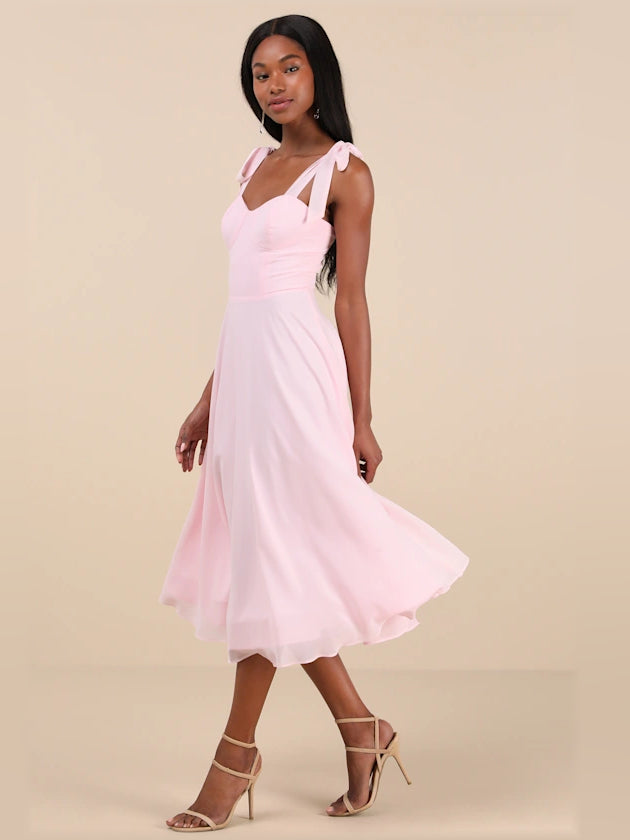 Light pink tie-strap A-line midi formal dress with bow shoulder detail