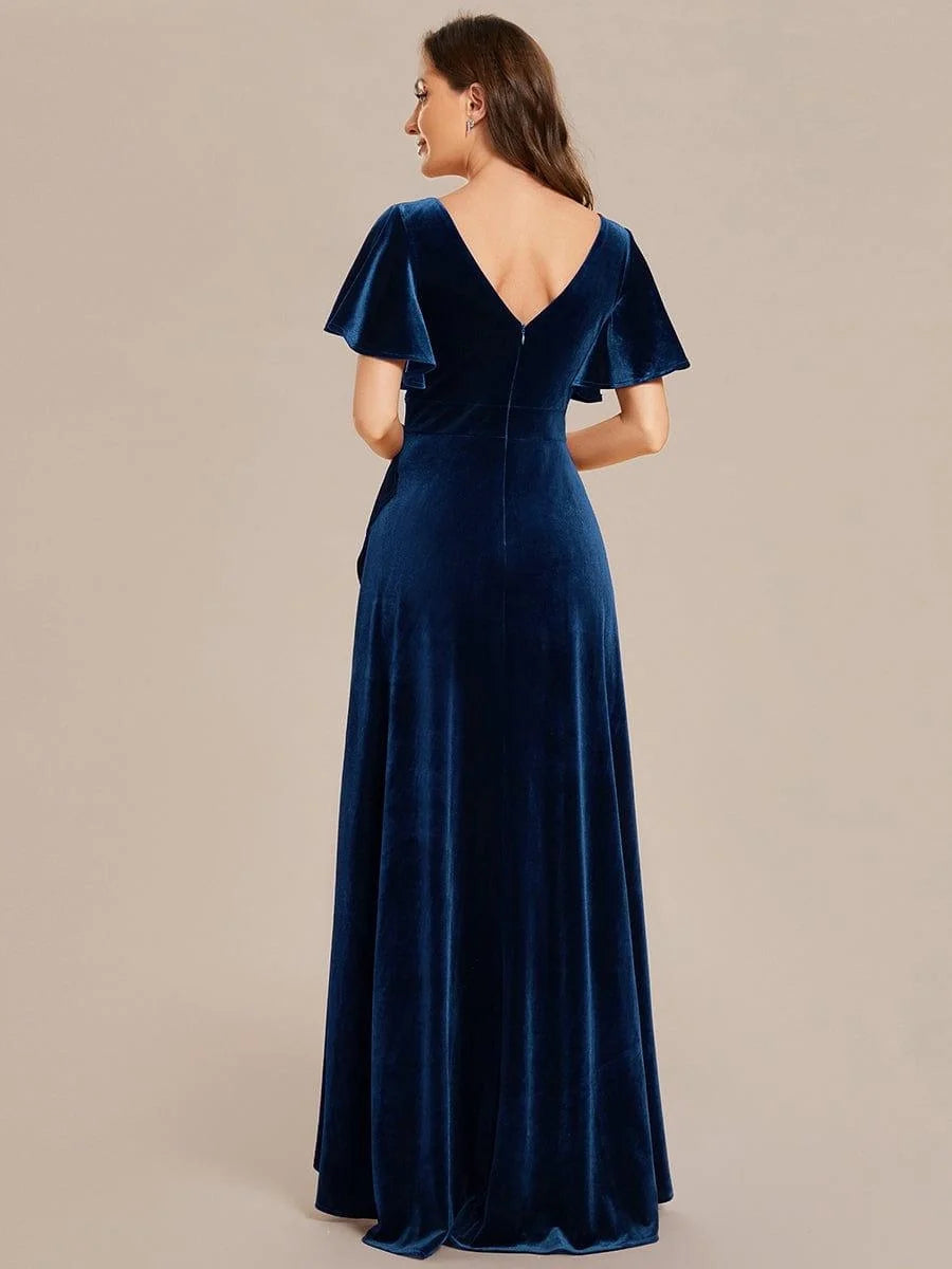 Navy velvet V-back A-line dress with short ruffled sleeves and long skirt
