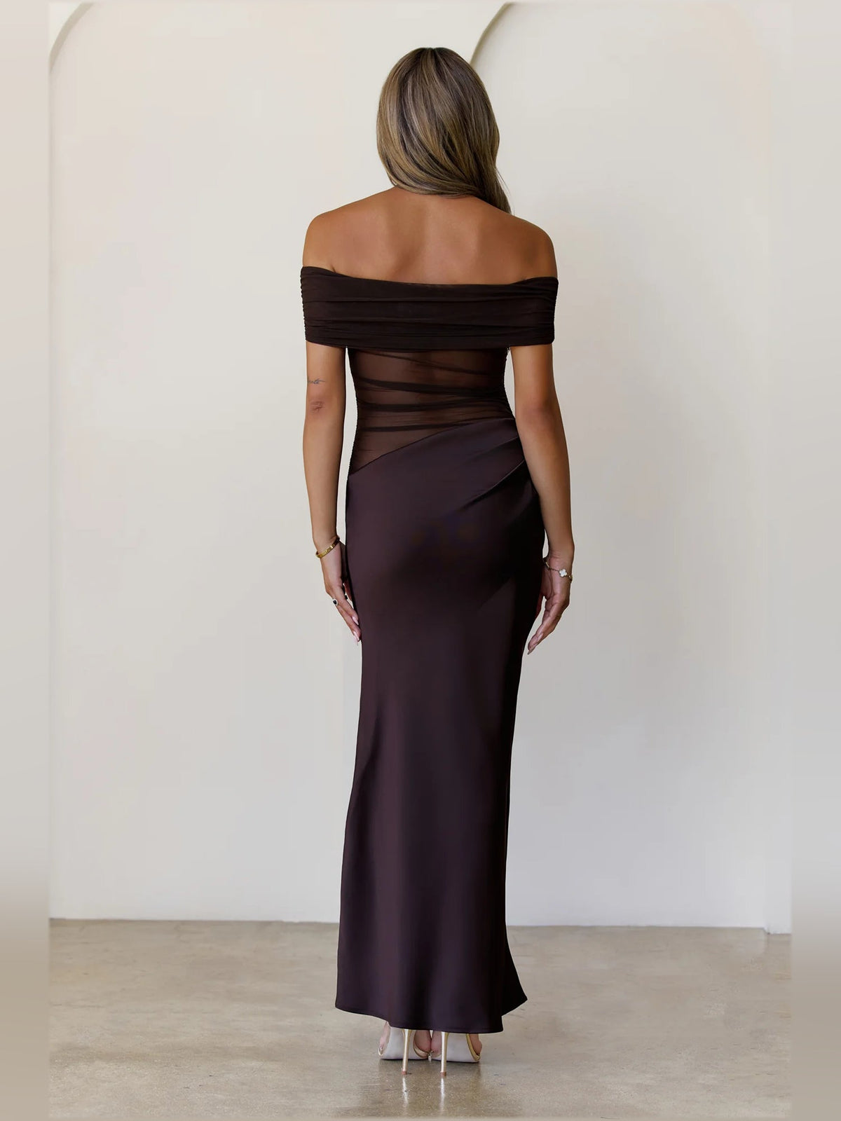 Brown sheath maxi formal dress with sheath, full-length back view