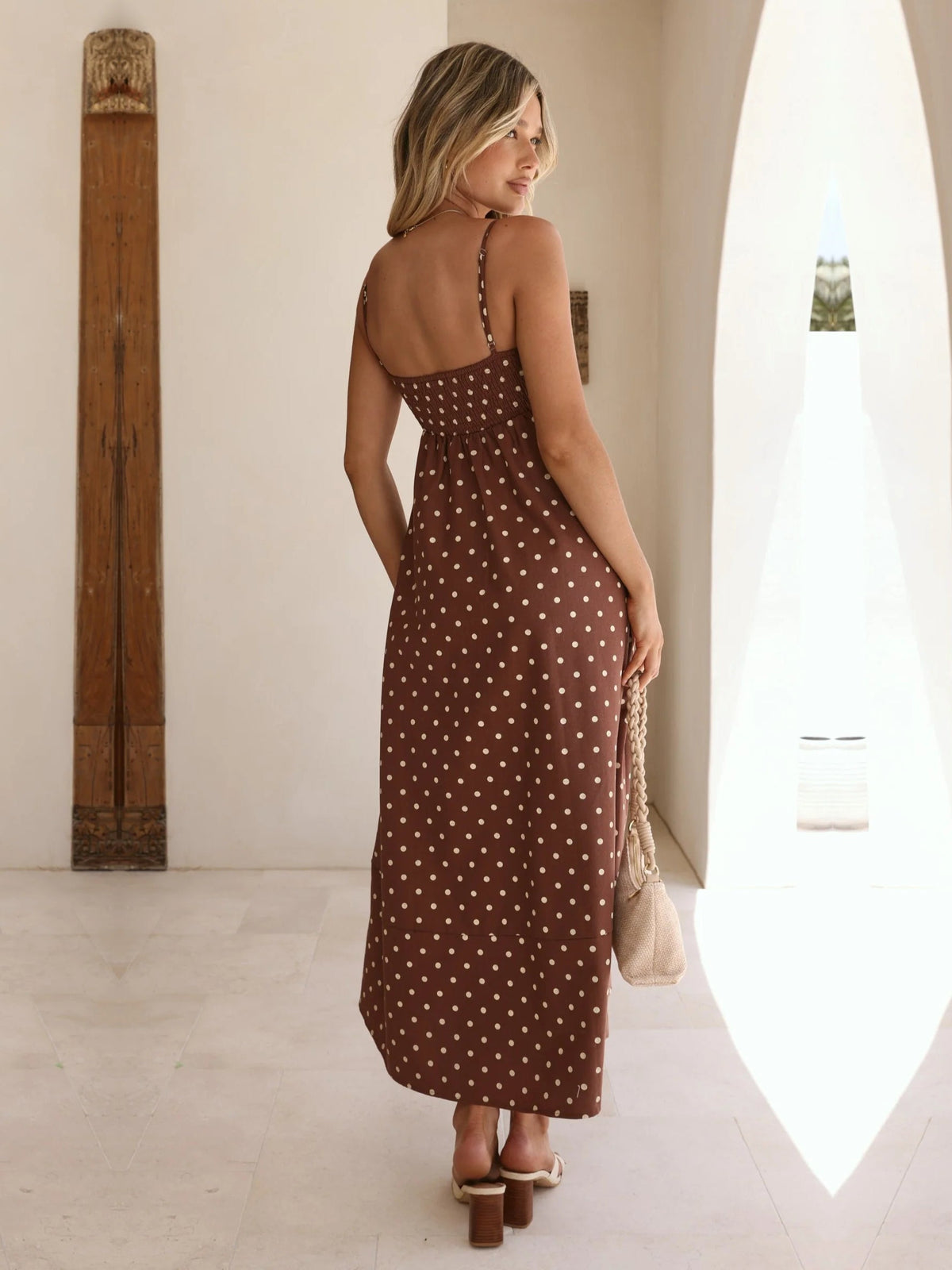 Chocolate Cream Polka Dot a-line maxi formal dress with printed pattern, full-length back view