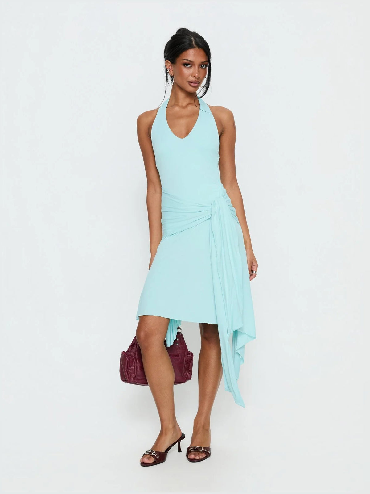 Turquoise halter jersey midi dress with side drape overlay and wrapped waist
