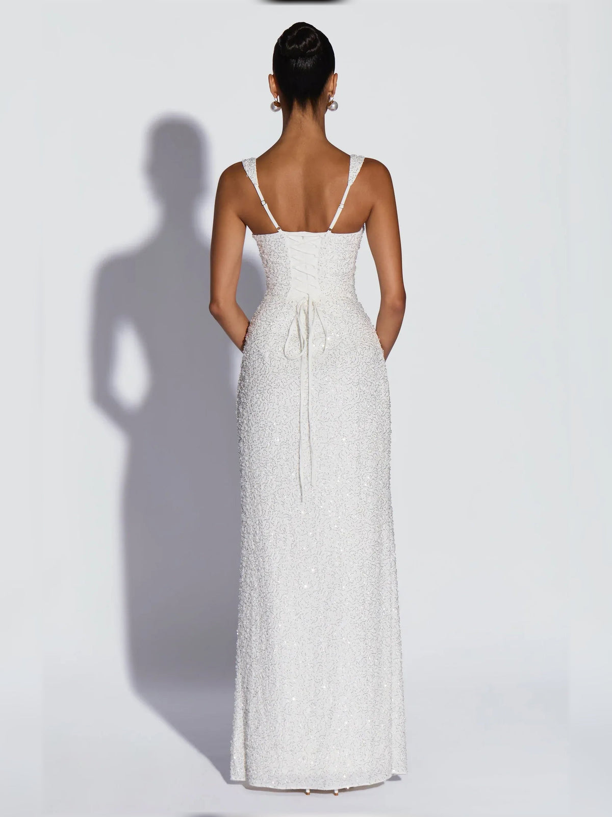 Ivory square-neck corset formal dress, open-back with lace-up detail, floor-length sequins