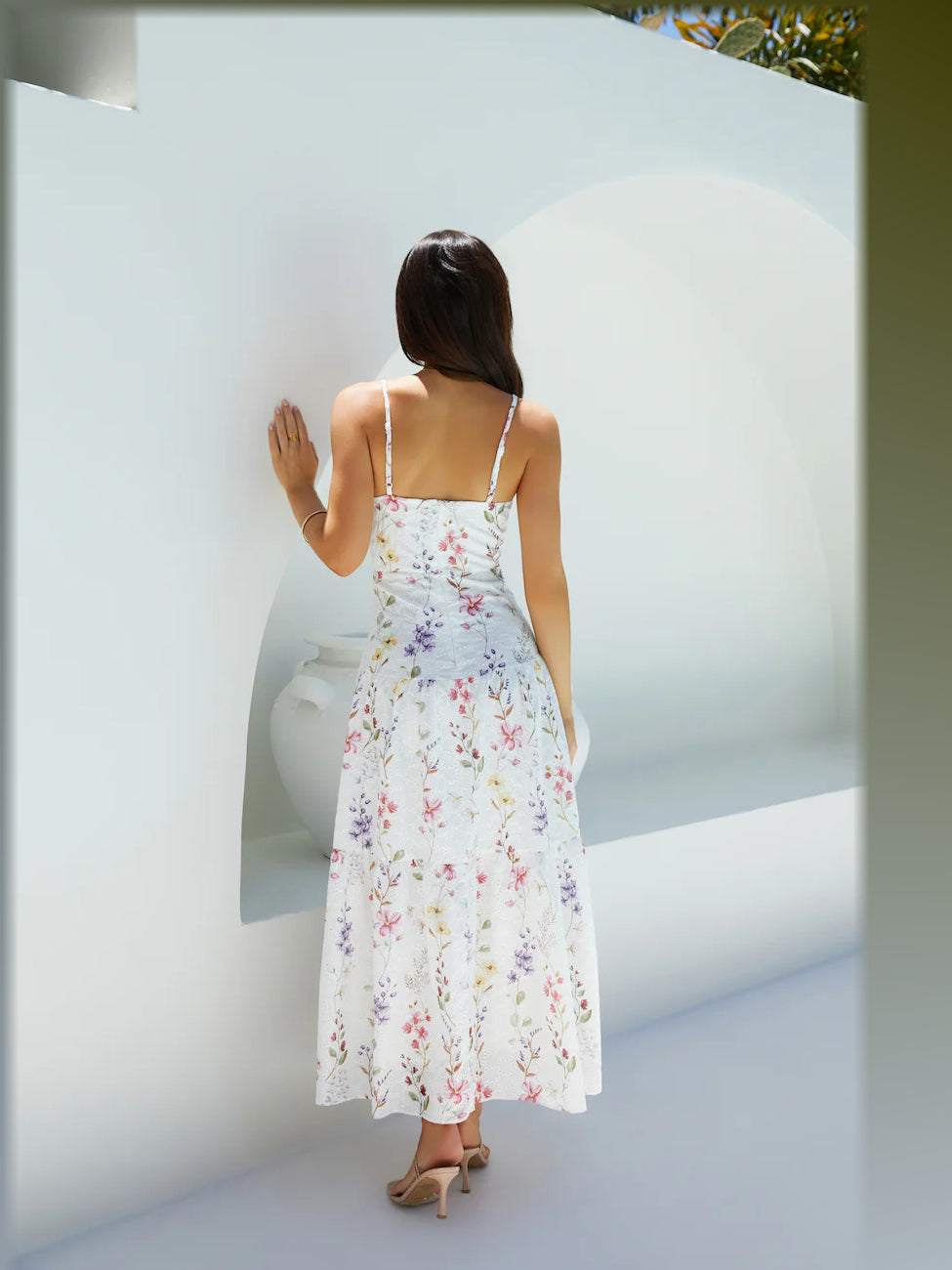 White midi formal dress, back full-length view showing the bodice