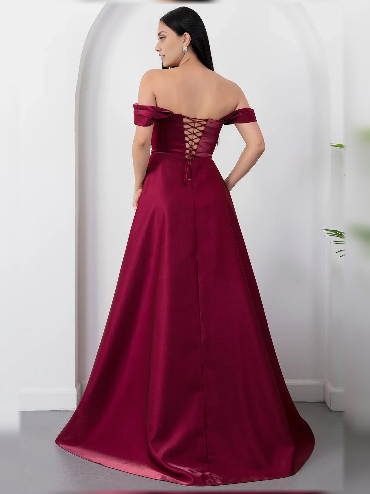 Deep red off-shoulder corset formal dress with crisscross back, floor-length