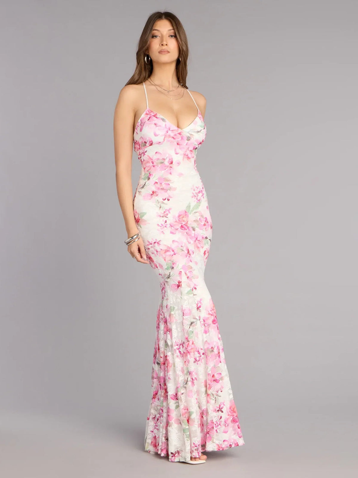 Floral v-neck spaghetti-strap formal dress, floor-length, fitted mermaid hem