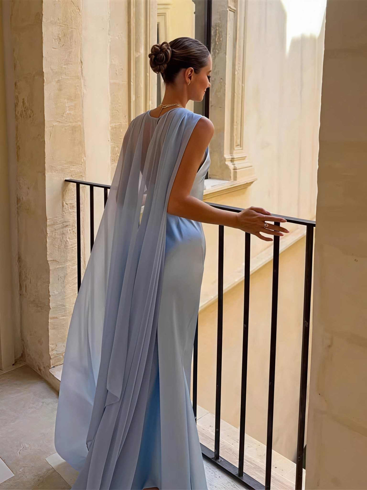 Steel blue satin A-line maxi dress with open-back drape