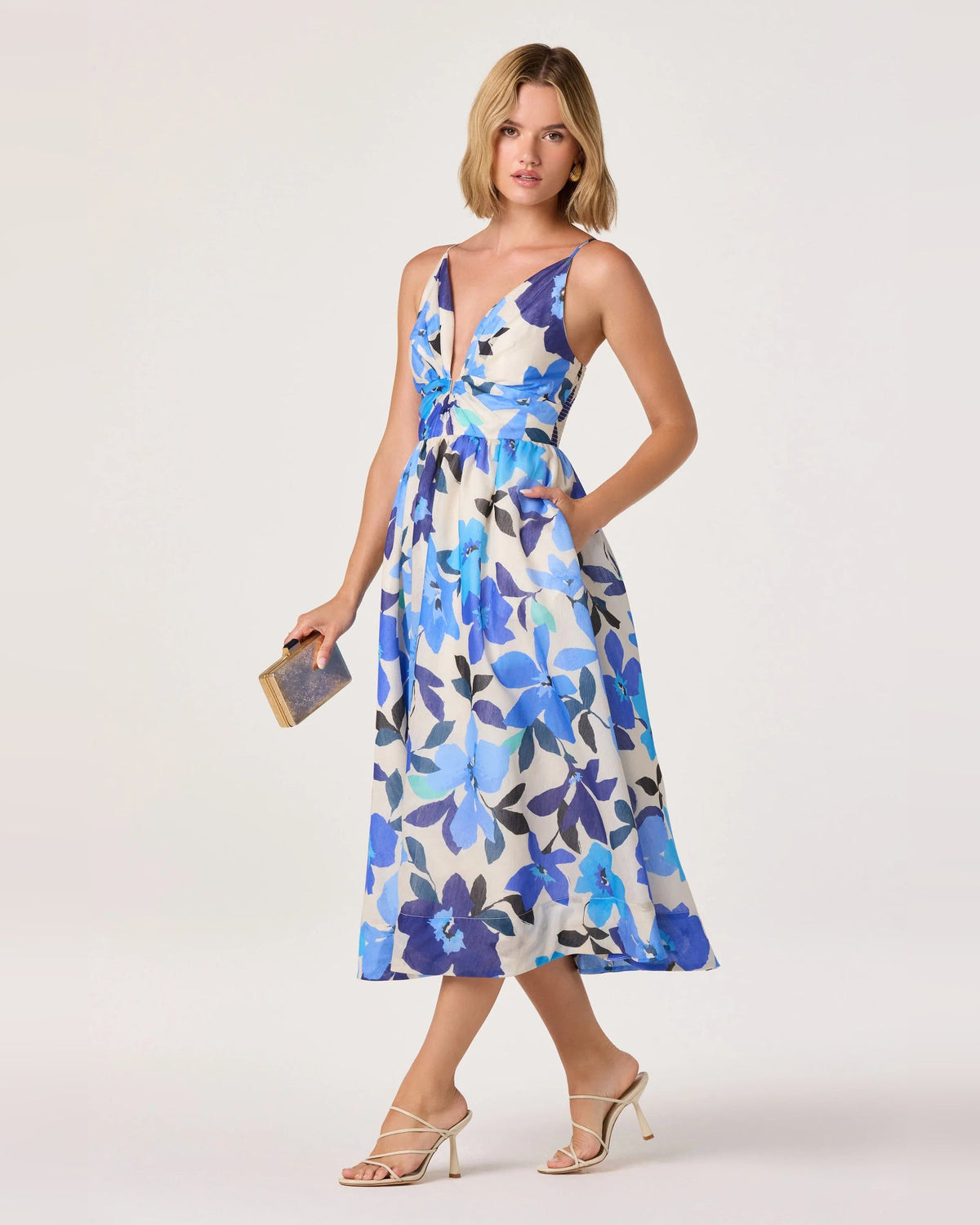 Blue floral spaghetti-strap A-line midi dress, V-neck bodice and gathered waist