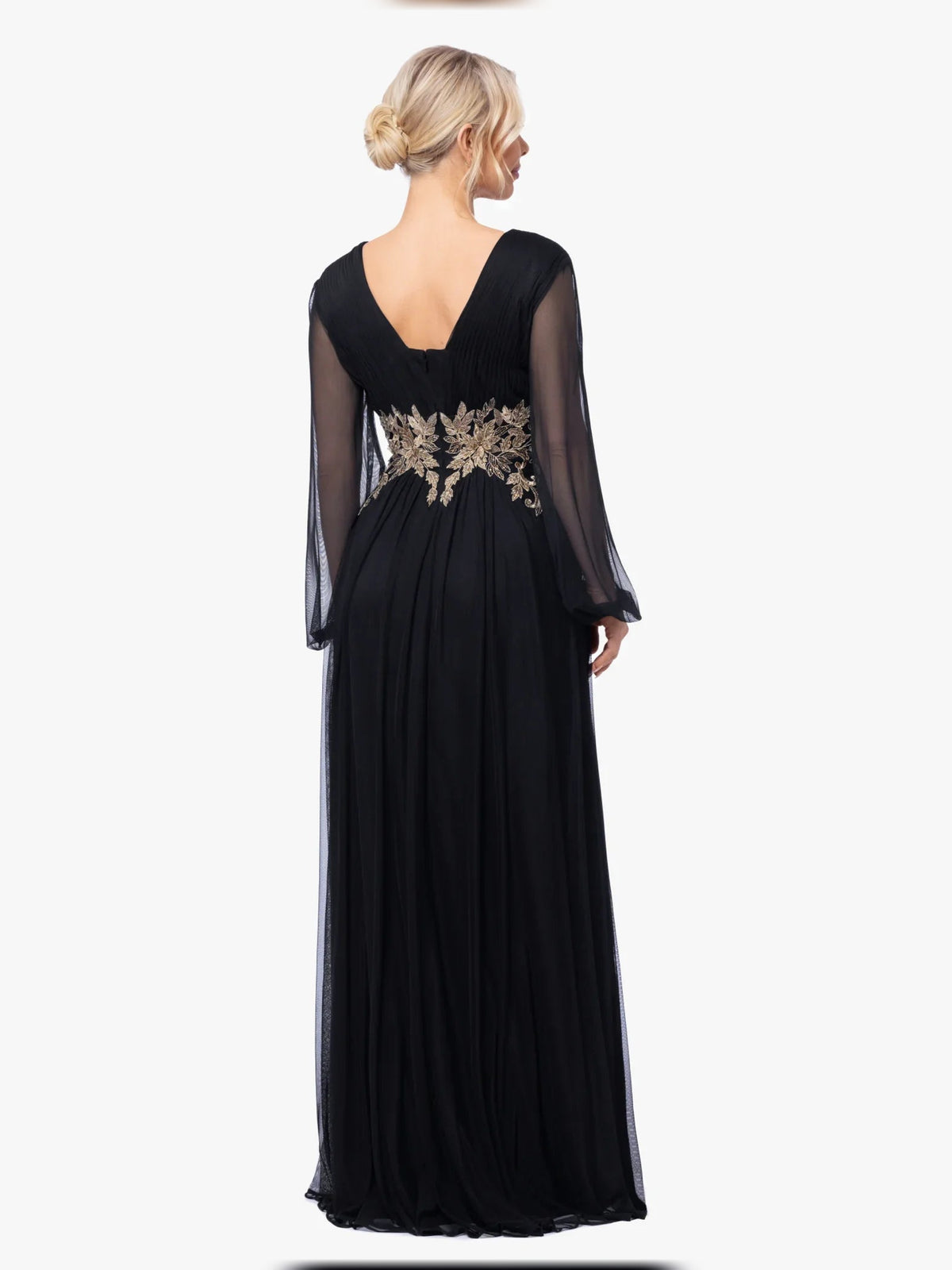 Black embroidered maxi dress with V-back and sheer three-quarter sleeves