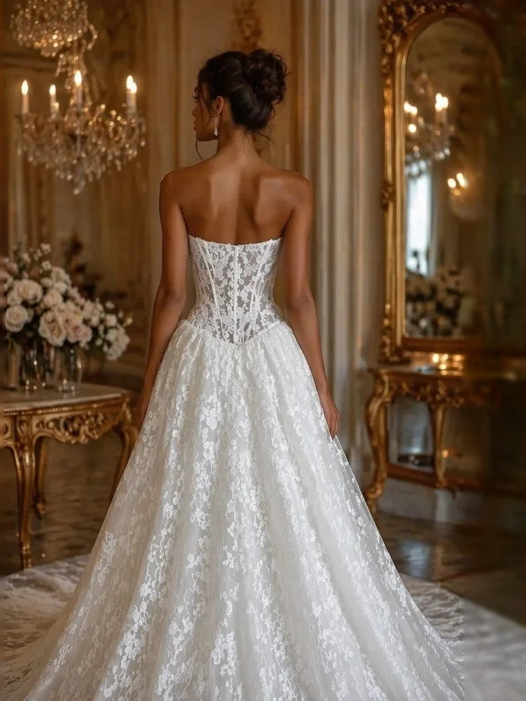 Back view of ivory strapless corset wedding dress with floral lace A-line skirt