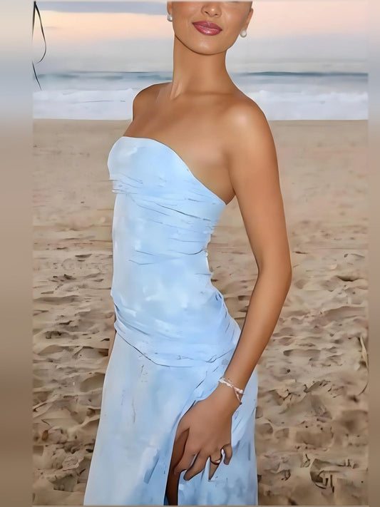 Sky-blue off-shoulder corset-style formal dress with gathered bodice and front slit