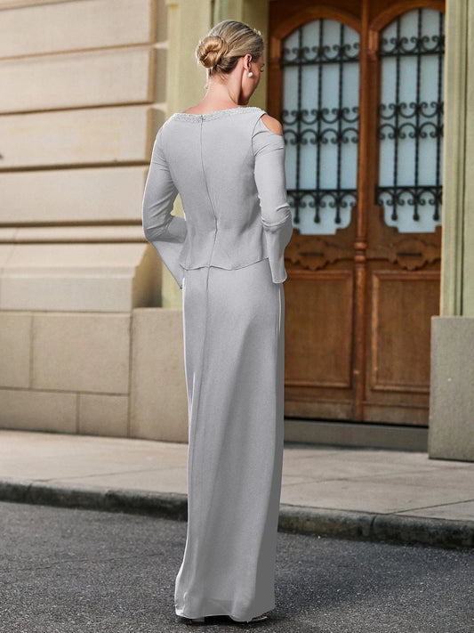 Silver floor-length sheath dress with V-neck back and long sleeves
