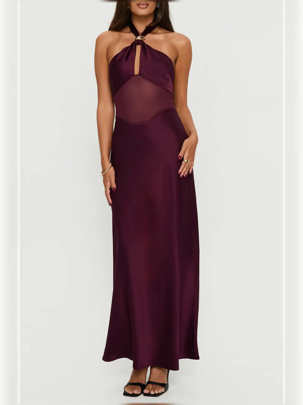 Plum halter neck floor-length formal dress with bow tie and layered overlay panels