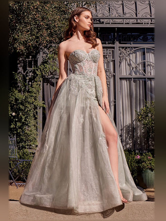 Silver strapless corset formal dress with sweetheart bodice and thigh-high slit