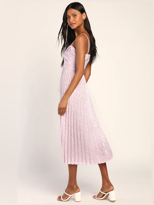 Lavender pleated satin midi dress with V-neckline and thin spaghetti straps
