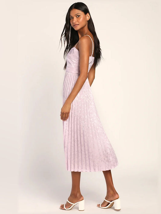 Lavender Floral midi formal dress with pleated skirt, alternate view