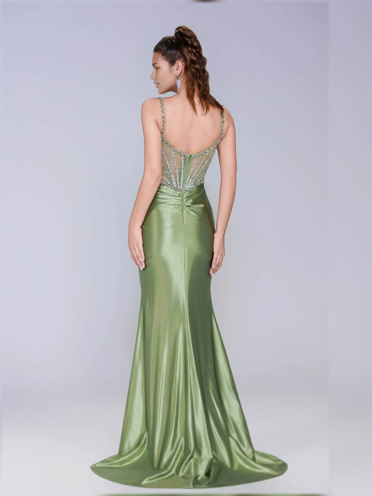 Dusty sage corset dress with beaded back, spaghetti straps, long satin skirt.